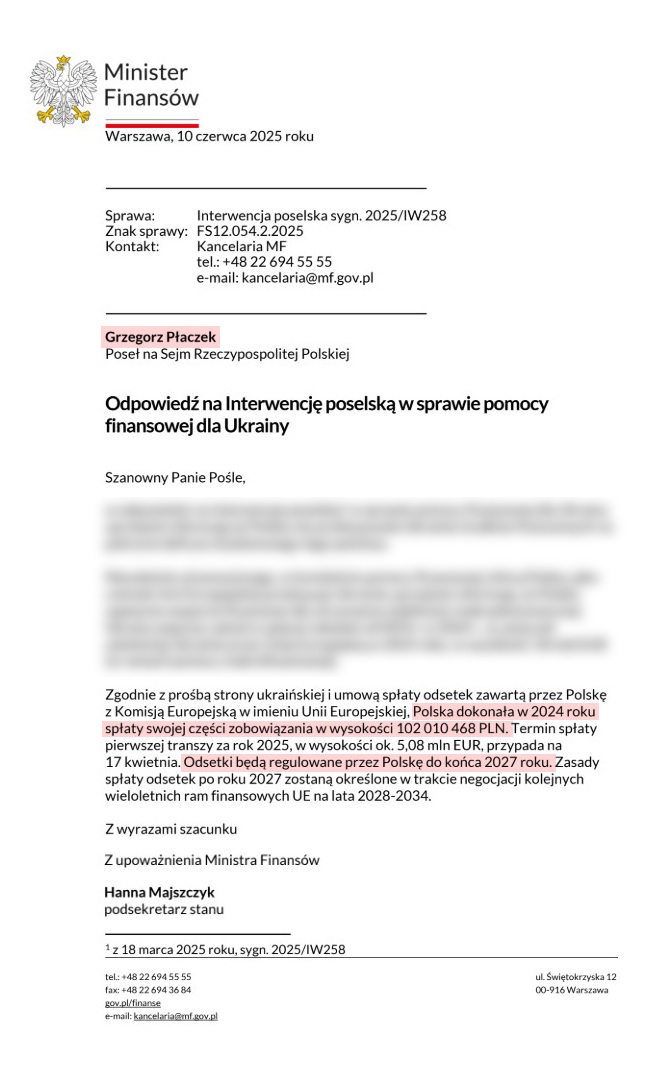 Zpráva polského ministerstva financí o splátkách úroků za ukrajinské půjčky