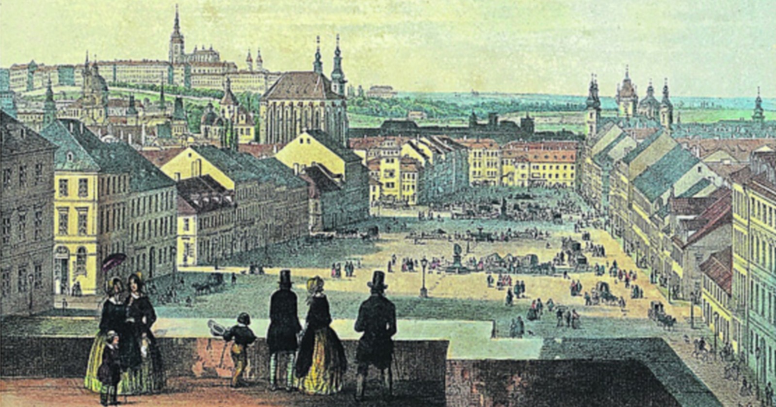 Václavské náměstí od východu z Koňské brány - litografie F. X. Sandmann (cca 1850)